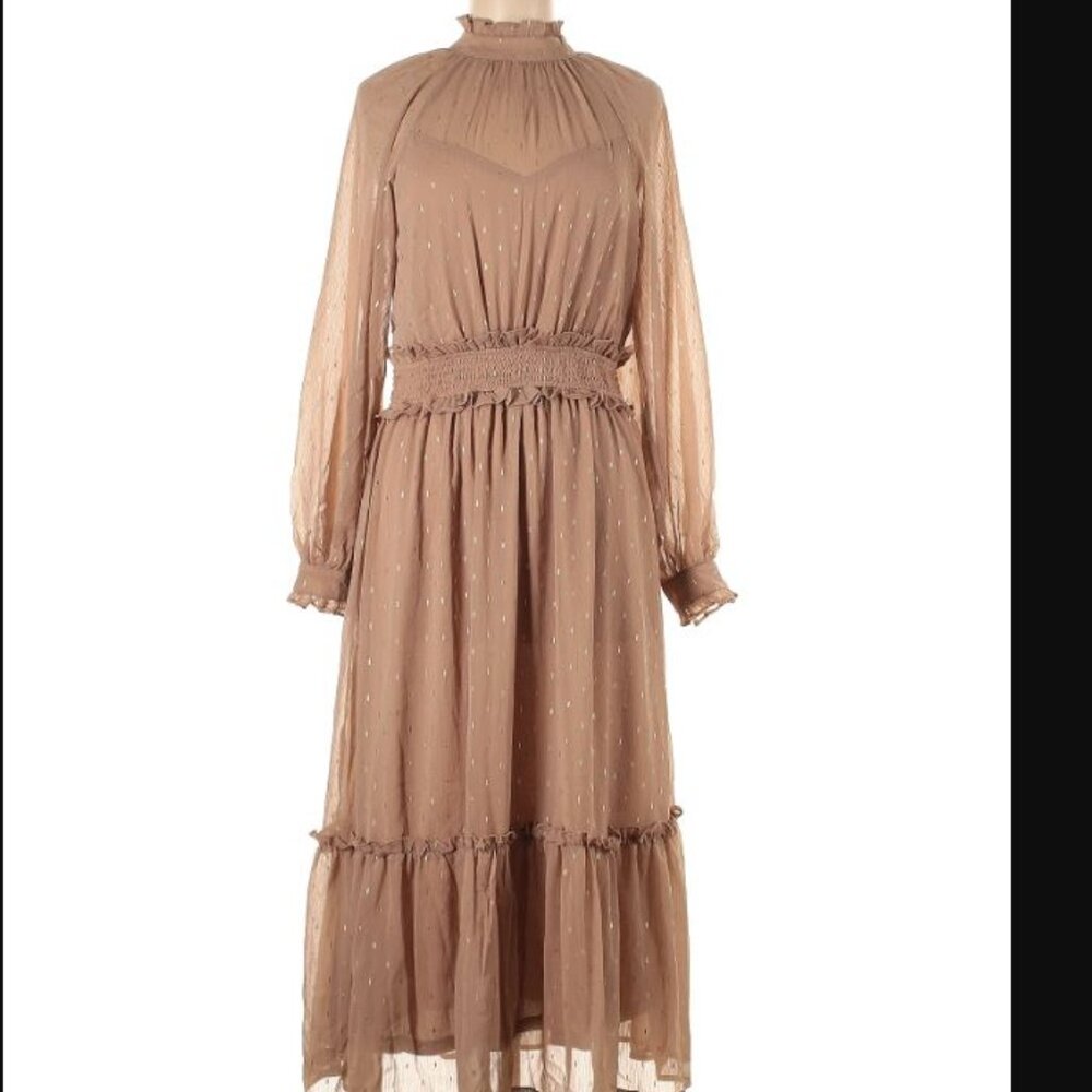 NWT August Sky - Metallic Dot Long Sleeve Dress In Khaki